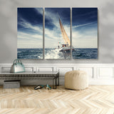 75430-MGV-CV-48X32-3P-Sailing Boat Wall Art – Dynamic Ocean Yacht Canvas Print, Nautical Decor for Living Room, Office, Beach House or Cabin