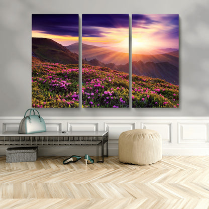 49741-MGV-CV-48X32-3P-Mountain Sunrise Wall Art – Vibrant Floral Landscape Canvas Print, Nature Home Decor for Living Room, Bedroom Office or Cabin