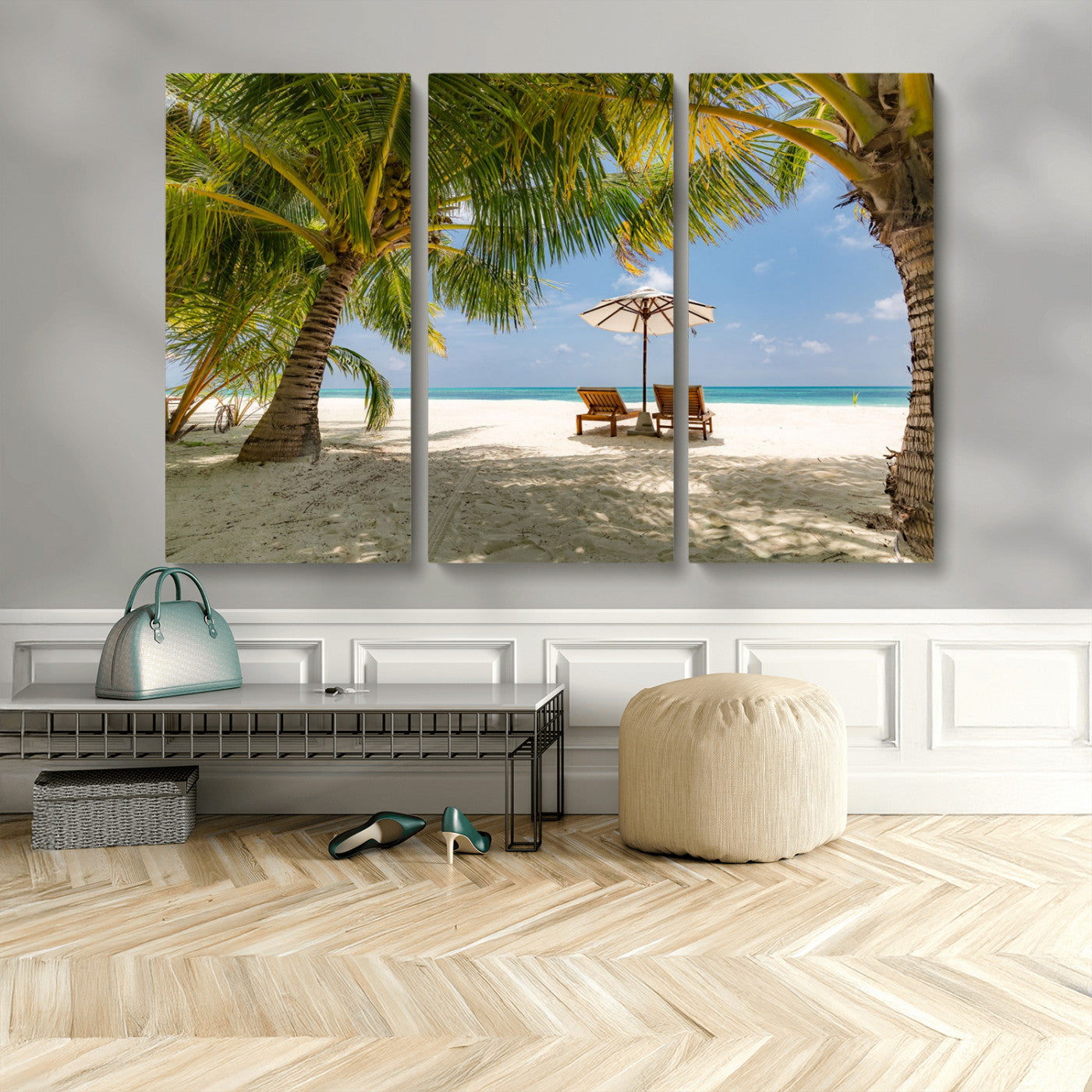 83601-MGV-CV-48X32-3P-Tropical Beach Wall Art – Serene Palm Trees and Lounge Chairs Canvas Print, Relaxing Coastal Decor for Living Room, Bedroom or