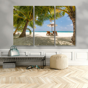 83601-MGV-CV-48X32-3P-Tropical Beach Wall Art – Serene Palm Trees and Lounge Chairs Canvas Print, Relaxing Coastal Decor for Living Room, Bedroom or