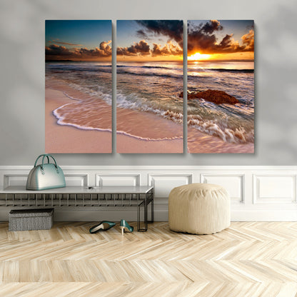 38302-MGV-CV-48X32-3P-Sunset Beach Wall Art – Stunning Ocean Waves and Rock Canvas Print, Warm Coastal Decor for Living Room, Bedroom, Office or Beach