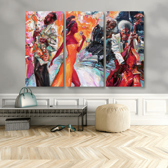 24452-MGV-CV-48X32-3P-Vibrant Jazz Musician Painting - Expressive Art Print of Live Jazz Band, Perfect Wall Decor for Music Lovers and Art Enthusiasts