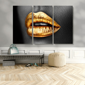 84747-MGV-CV-48X32-3P-Golden Lips Black & White Portrait – Glamorous Metallic Lip Art Print, Modern Wall Decor for Bedroom, Beauty & Fashion Lover Gift