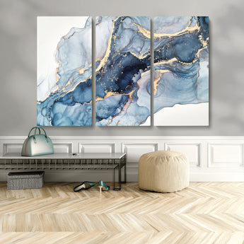 33782-MGV-CV-48X32-3P-Abstract Marble Wall Art – Blue & Gold Fluid Painting Canvas Print, Modern Home Decor for Living Room, Bedroom or Office