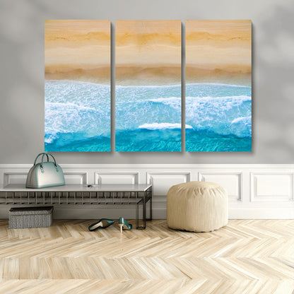 43046-MGV-CV-48X32-3P-Aerial Beach Wall Art – Serene Ocean Waves & Sandy Shore Canvas Print, Coastal Home Decor for Living Room, Bedroom or Office