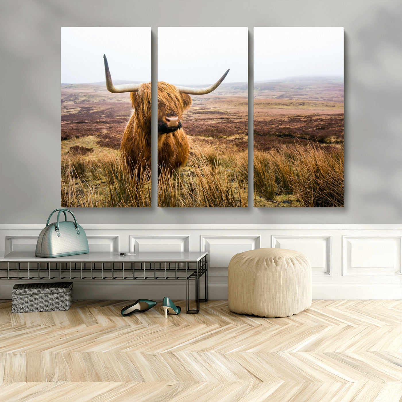 79391-MGV-CV-48X32-3P-Majestic Highland Cow in Misty Scottish Moorland – Rustic Natural Charm, Perfect for Unique Home or Office Decor