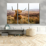 79391-MGV-CV-48X32-3P-Majestic Highland Cow in Misty Scottish Moorland – Rustic Natural Charm, Perfect for Unique Home or Office Decor