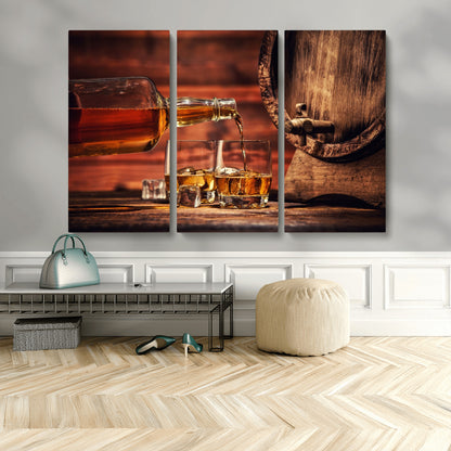 21266-MGV-CV-48X32-3P-Pouring Whiskey into Glasses with Ice – Rustic Wooden Barrel Background, Warm Ambient Lighting, Ideal Decor for Home or Office