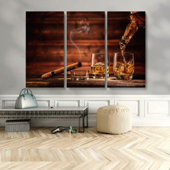 41139-MGV-CV-48X32-3P-Whiskey and Cigar Still Life – Glasses with Ice and Pouring Amber Drink on Wooden Table with Smoke, Elegant Bar or Lounge Wall