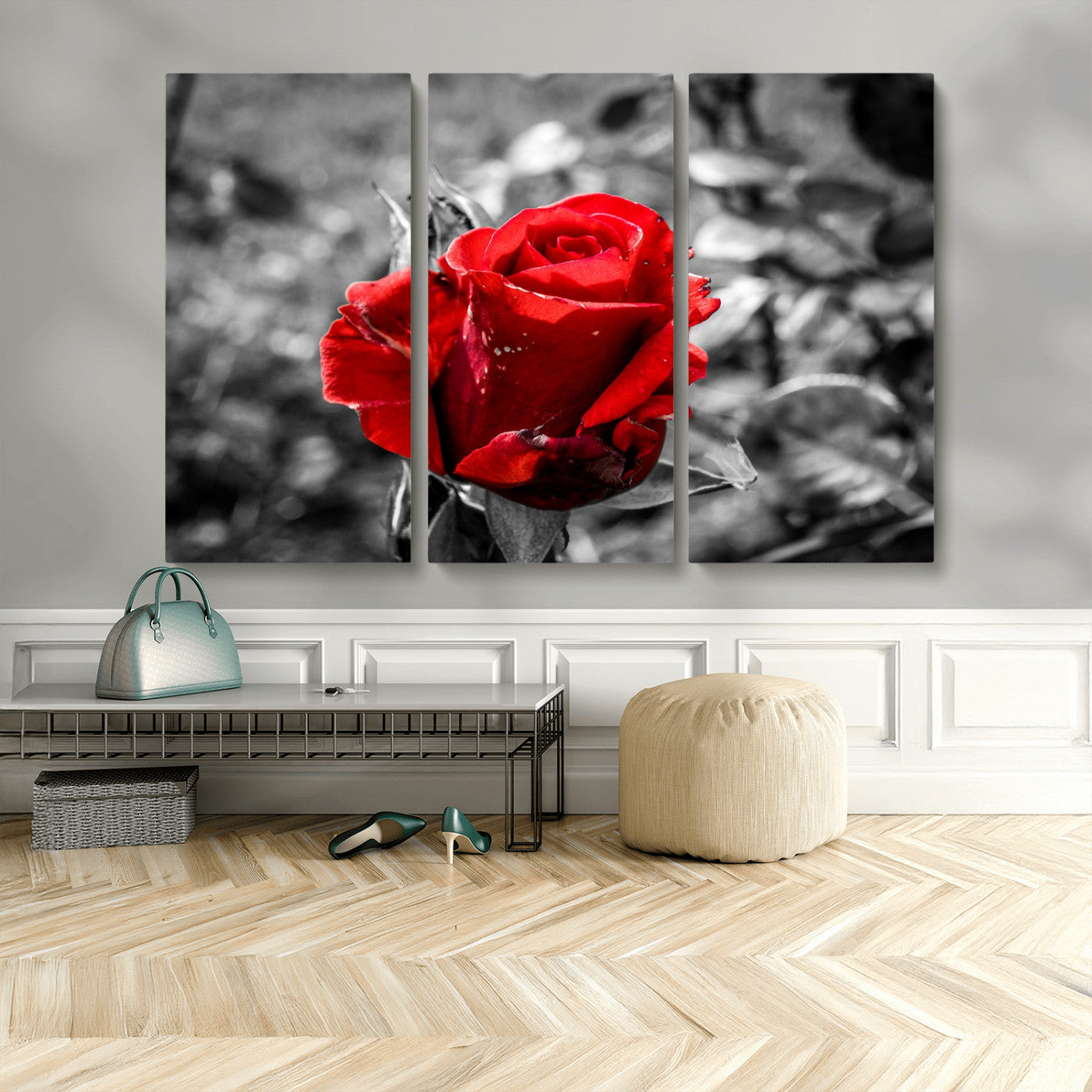 84671-MGV-CV-48X32-3P-Red Rose Wall Art – Vibrant Single Bloom Canvas Print with Black and White Background, Elegant Floral Decor for Living Room,