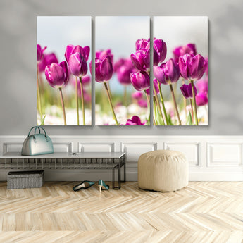 30632-MGV-CV-48X32-3P-Purple Tulip Field Wall Art – Beautiful Spring Flowers Canvas Print with Soft Focus and Bright Sky, Ideal Floral Decor for Home or