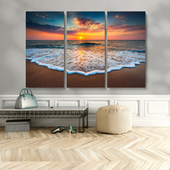 87032-MGV-CV-48X32-3P-Ocean Sunset Wall Art – Stunning Beach Canvas Print with Vibrant Sky, Calm Waves, and Golden Horizon, Perfect Coastal Decor for
