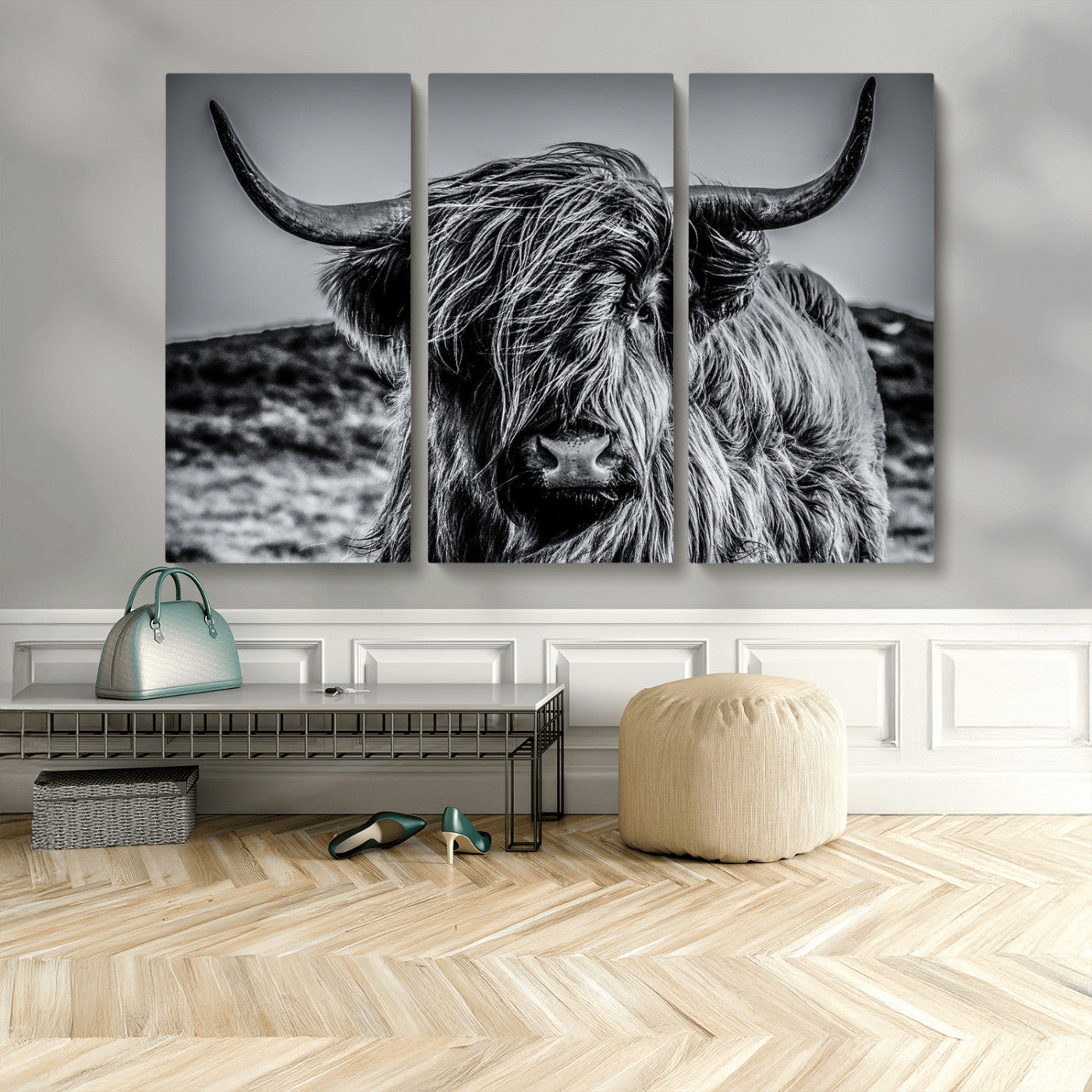 97372-MGV-CV-48X32-3P-Elegant Highland Cow Wall Art – Black and White Canvas Print, Rustic Nature Decor for Home, Office, Living Room or Man Cave