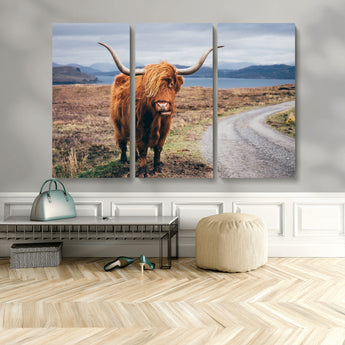 56121-MGV-CV-48X32-3P-Rustic Highland Cow Wall Art – Panoramic Nature Canvas Print, Perfect Decor for Home, Office, Living Room or Man Cave
