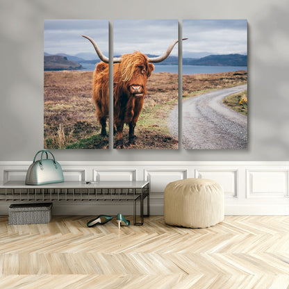 56121-MGV-CV-48X32-3P-Rustic Highland Cow Wall Art – Panoramic Nature Canvas Print, Perfect Decor for Home, Office, Living Room or Man Cave