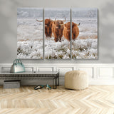 10396-MGV-CV-48X32-3P-Highland Cattle Wall Art – Rustic Winter Landscape Canvas Print, Farmhouse Decor for Living Room, Office, Cabin or Country Home