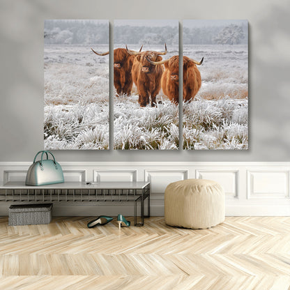 10396-MGV-CV-48X32-3P-Highland Cattle Wall Art – Rustic Winter Landscape Canvas Print, Farmhouse Decor for Living Room, Office, Cabin or Country Home
