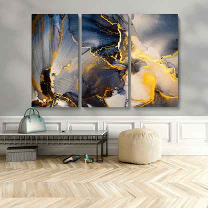 42100-MGV-CV-48X32-3P-Golden Flow Abstract Wall Art – Panoramic Modern Blue and Gold Canvas Print, Contemporary Artistic Decor for Home, Office