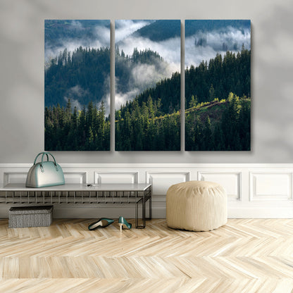 55972-MGV-CV-48X32-3P-Whispering Pines Wall Art – Panoramic Misty Forest Canvas Print, Serene Nature Decor for Home, Office or Cabin Retreat