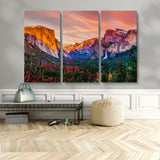24519-MGV-CV-48X32-3P-Yosemite Valley Sunset Wall Art – Majestic Mountain Landscape with Waterfall and Vibrant Sky, Nature Photography for Home or