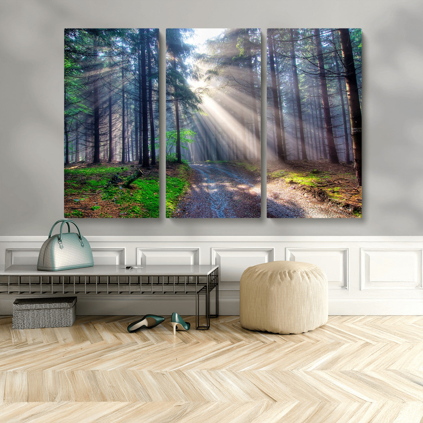 42047-MGV-CV-48X32-3P-Sunlit Forest Path Wall Art – Nature Canvas Print, Serene Woodland Landscape, Perfect Home & Office Decor for Calm and Tranquil