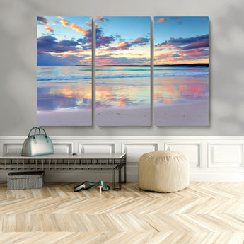 64882-MGV-CV-48X32-3P-Tranquil Sunset Beach Wall Art – Panoramic Ocean Reflection Canvas Print, Calm Coastal Decor for Bedroom, Living Room or Office