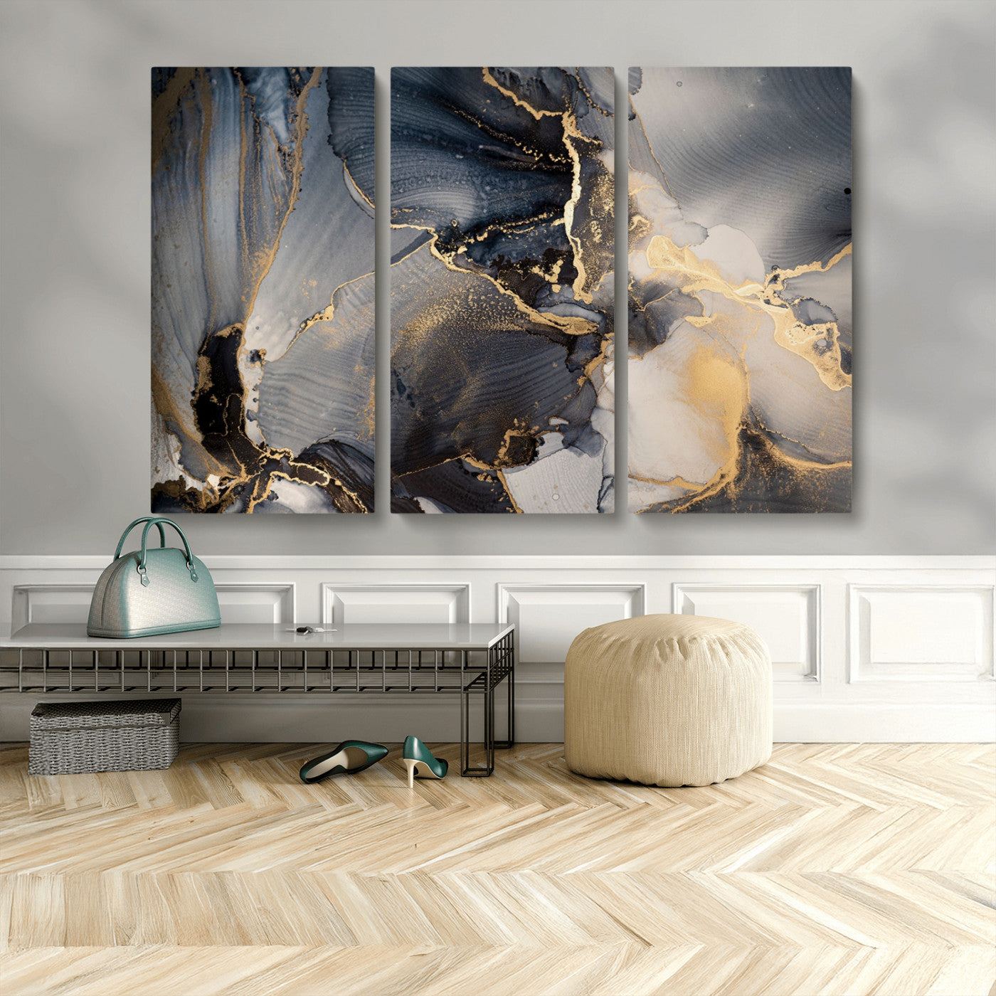 24068-MGV-CV-48X32-3P-Luxury Abstract Wall Art – Gold & Gray Fluid Ink Painting Canvas, Modern Metallic Home Decor, Elegant Office or Living Room Accent