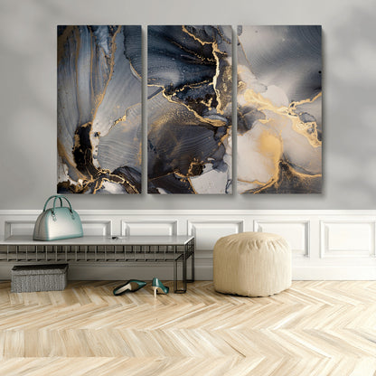 24068-MGV-CV-48X32-3P-Luxury Abstract Wall Art – Gold & Gray Fluid Ink Painting Canvas, Modern Metallic Home Decor, Elegant Office or Living Room Accent