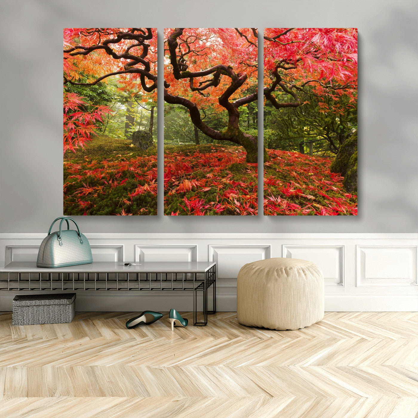 73343-MGV-CV-48X32-3P-Autumn Maple Wall Art – Panoramic Vibrant Red Maple Tree Canvas Print, Seasonal Nature Decor for Office, Living Room or Garden