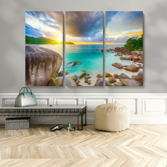 23769-MGV-CV-48X32-3P-Tropical Beach Sunset Wall Art – Serene Ocean Canvas Print, Coastal Landscape Decor for Living Room, Bedroom or Office, Peaceful