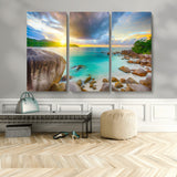 23769-MGV-CV-36X24-Tropical Beach Sunset Wall Art – Ocean Waves and Rocky Shore Canvas Print, Coastal Seascape Photography Decor