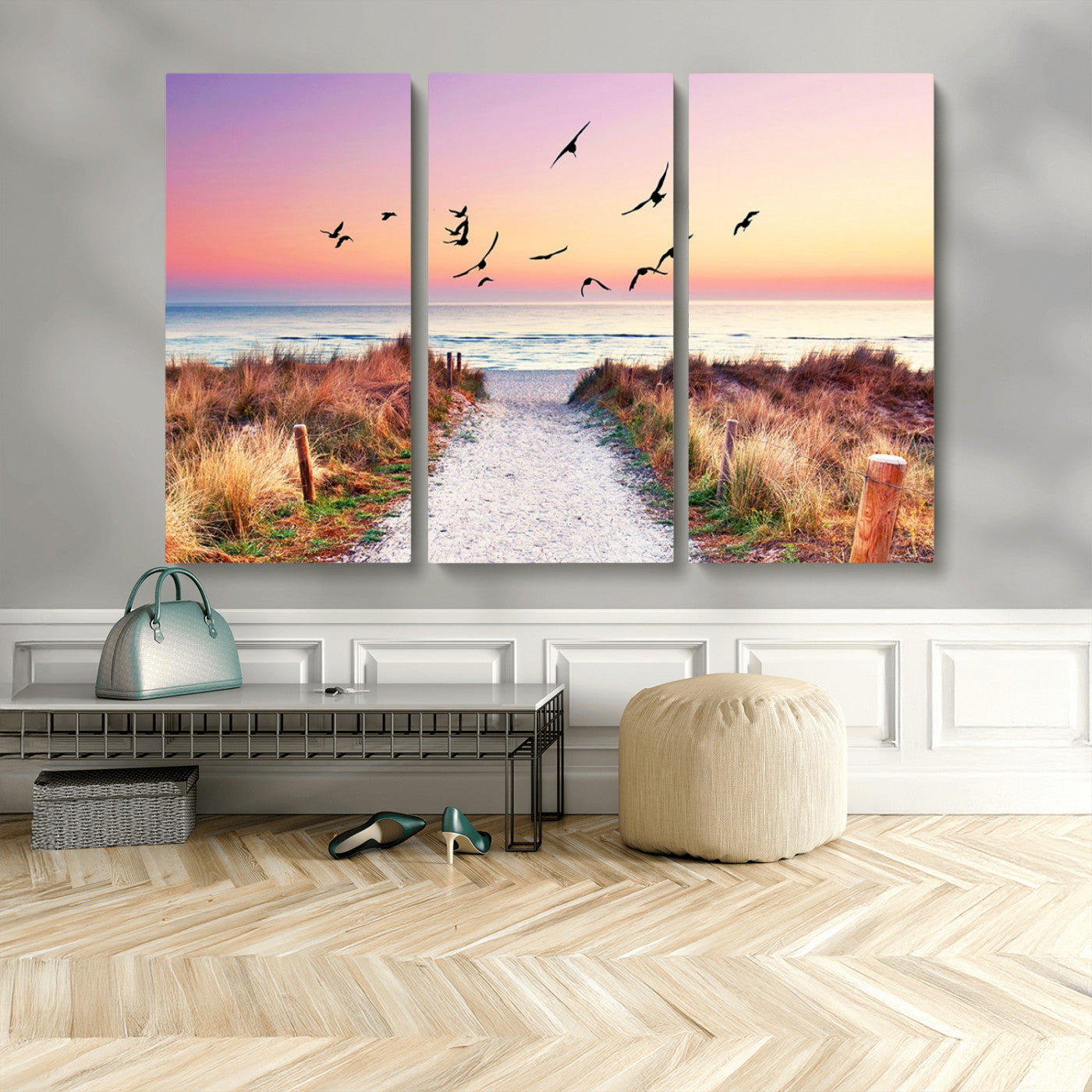54411-MGV-CV-48X32-3P-Coastal Path Sunrise Wall Art – Serene Ocean Canvas Print, Beach Landscape Decor for Living Room, Bedroom or Office, Peaceful