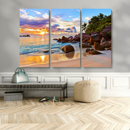 43209-MGV-CV-36X24-Tropical Beach Sunset Wall Art – Golden Ocean Waves and Palm Trees with Rocky Shore Canvas Print, Coastal Seascape Decor for