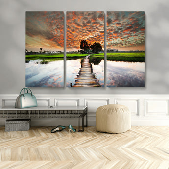 29105-MGV-CV-36X24-Rustic Wooden Bridge Wall Art – Scenic Sunset Over Rice Fields and Reflective Water Canvas Print, Nature Landscape Decor for