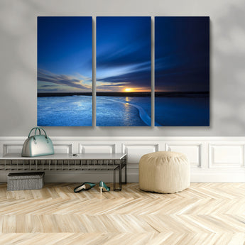 65405-MGV-CV-36X24-Blue Sunrise Seascape Wall Art – Tranquil Ocean Horizon Canvas Print with Golden Sunlight and Deep Sky, Coastal Landscape Decor