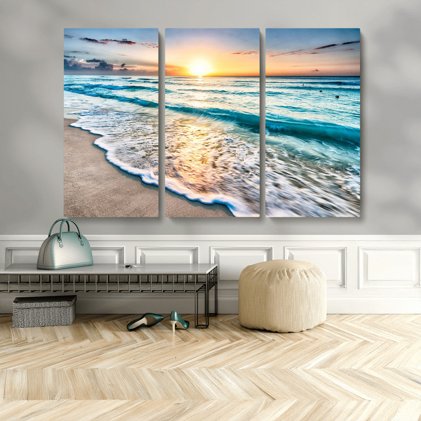 27815-MGV-CV-36X24-Ocean Sunrise Beach Wall Art – Serene Coastal Canvas Print with Waves and Golden Morning Light, Relaxing Seascape Decor for
