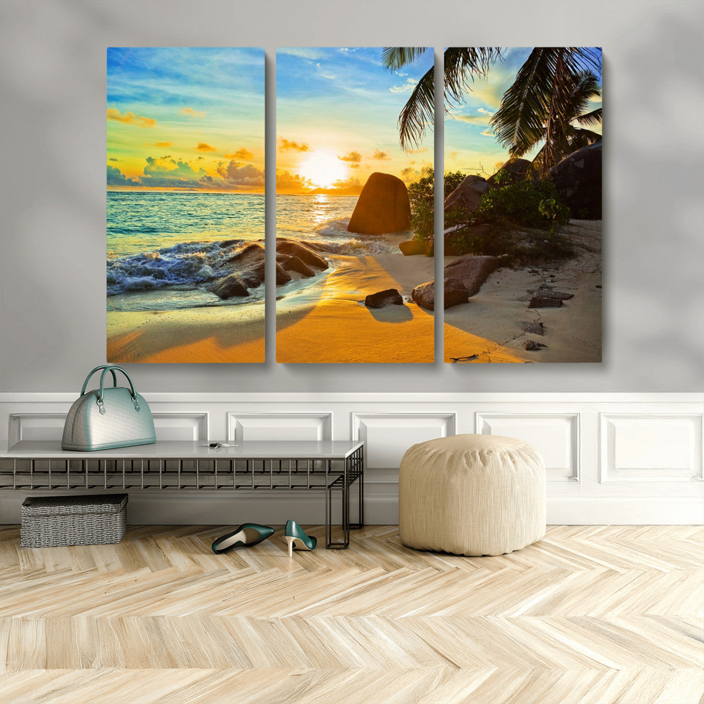 26181-MGV-CV-36X24-Golden Tropical Sunset Beach Wall Art – Ocean Canvas Print with Palm Trees and Rocks, Coastal Paradise Decor for Living Room or