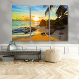 26181-MGV-CV-36X24-Golden Tropical Sunset Beach Wall Art – Ocean Canvas Print with Palm Trees and Rocks, Coastal Paradise Decor for Living Room or