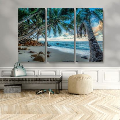 39679-MGV-CV-36X24-Tropical Palm Beach Wall Art – Serene Ocean Canvas Print with Palm Trees and Rocks, Coastal Paradise Decor for Living Room or