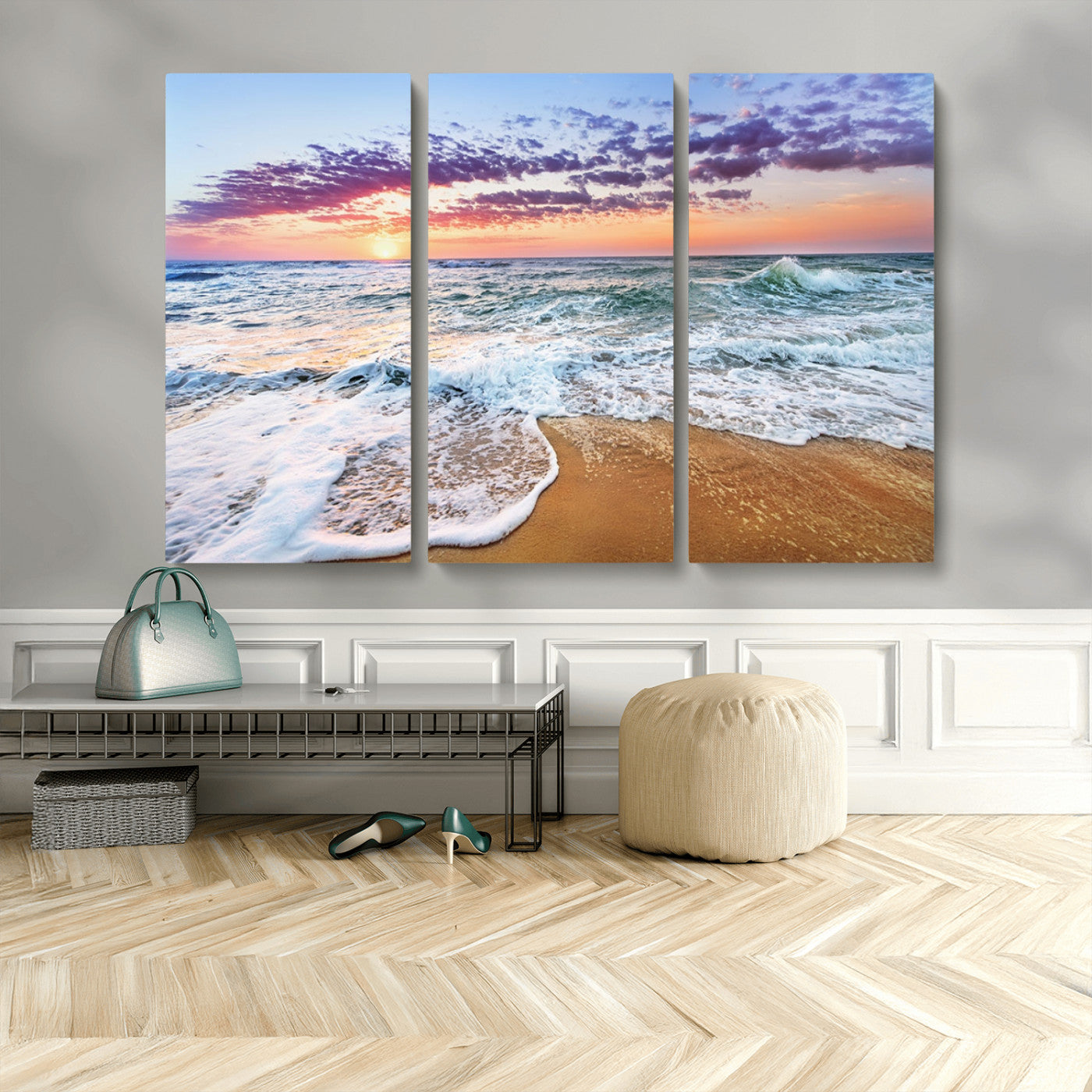 44120-MGV-CV-48X32-3P-Ocean Sunset Wall Art – Beach Landscape Canvas Print, Serene Coastal Decor for Living Room, Office or Bedroom
