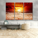 60211-MGV-CV-48X32-3P-Fiery Sunset Ocean Waves Canvas Print – Vibrant Red & Orange Coastal Wall Art, Dramatic Seascape Decor