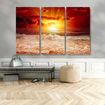 60211-MGV-CV-36X24-Fiery Sunset Ocean Wall Art – Red Sky Seascape Canvas Print with Waves, Bold Coastal Sunset Decor for Living Room or Bedroom