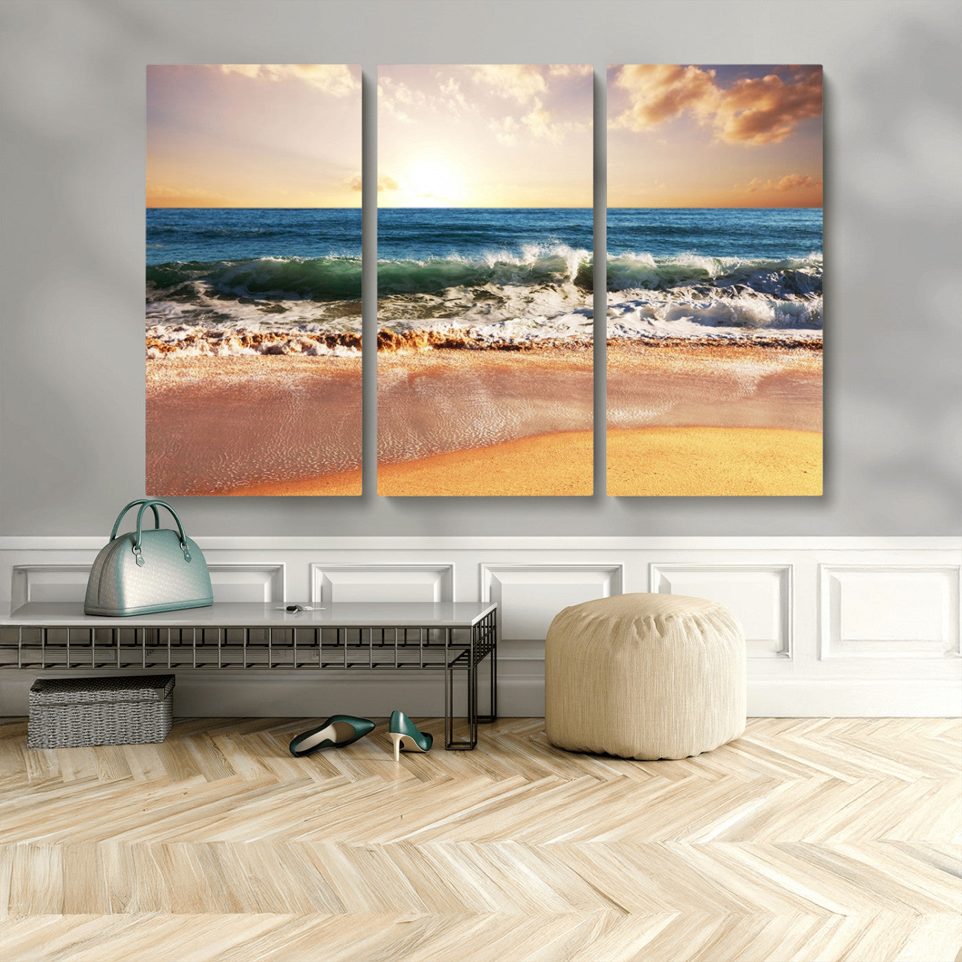 79005-MGV-CV-36X24-Golden Sunrise Ocean Waves Wall Art – Panoramic Seashore Canvas Print, Calming Coastal Decor for Home, Office or Relaxation Space