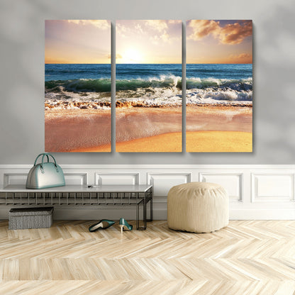 79005-MGV-CV-36X24-Golden Sunrise Ocean Waves Wall Art – Panoramic Seashore Canvas Print, Calming Coastal Decor for Home, Office or Relaxation Space