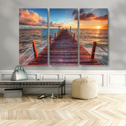 28836-MGV-CV-36X24-Ocean Pier Sunset Wall Art – Wooden Dock and Golden Horizon Canvas Print, Coastal Seascape Photography for Living Room, Bedroom,