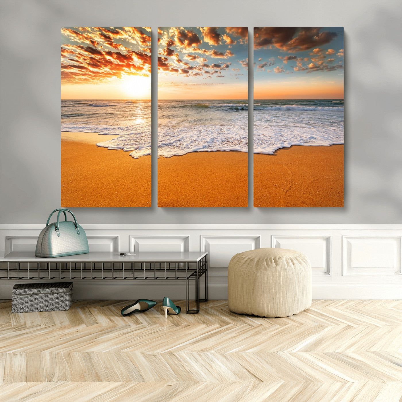 15399-MGV-CV-36X24-Golden Sunrise Beach Wall Art – Ocean Waves on Sandy Shore Canvas Print, Coastal Seascape Decor for Living Room or Bedroom