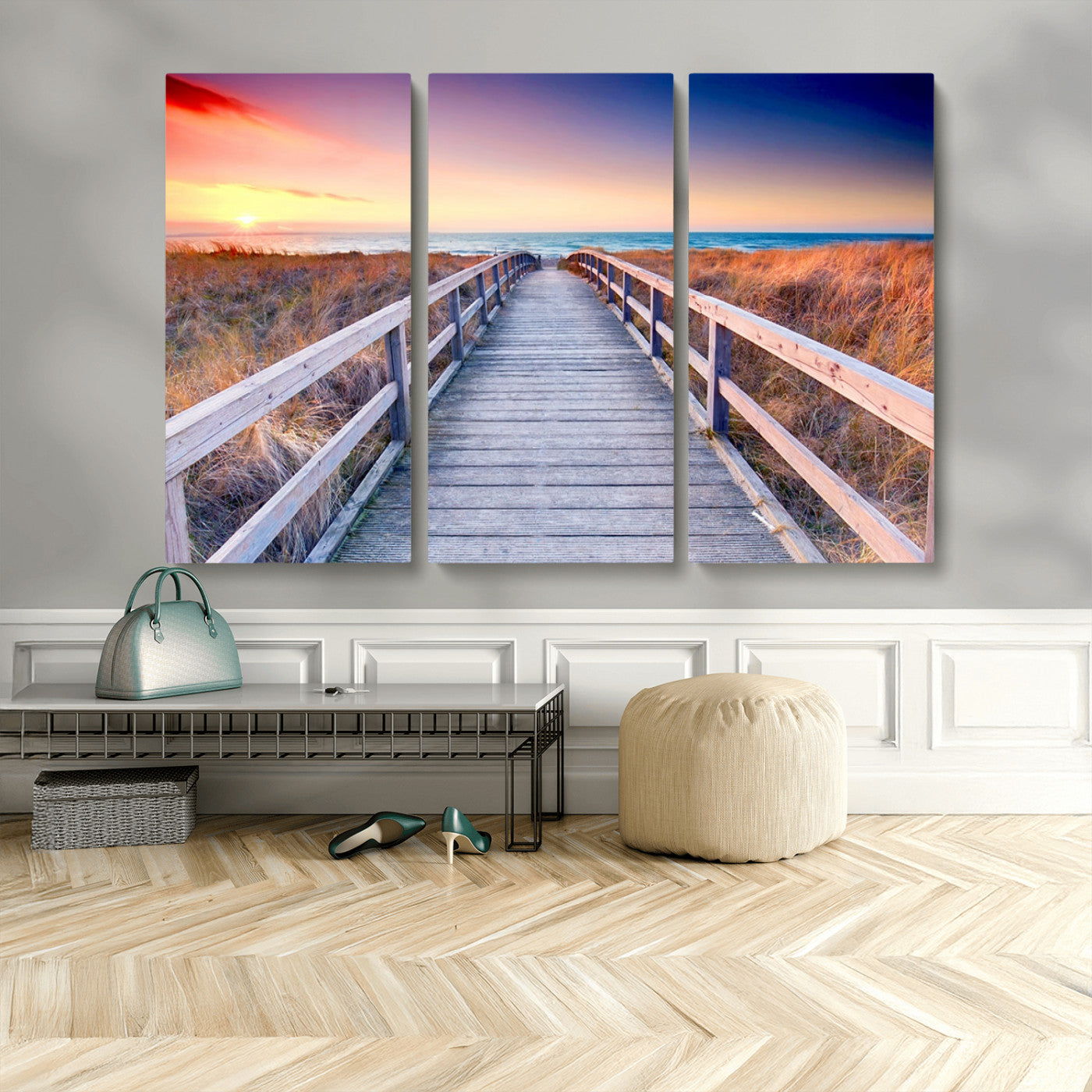 60625-MGV-CV-36X24-Beach Boardwalk Sunrise Wall Art – Coastal Pathway to Ocean Canvas Print, Seaside Landscape Decor for Home or Office
