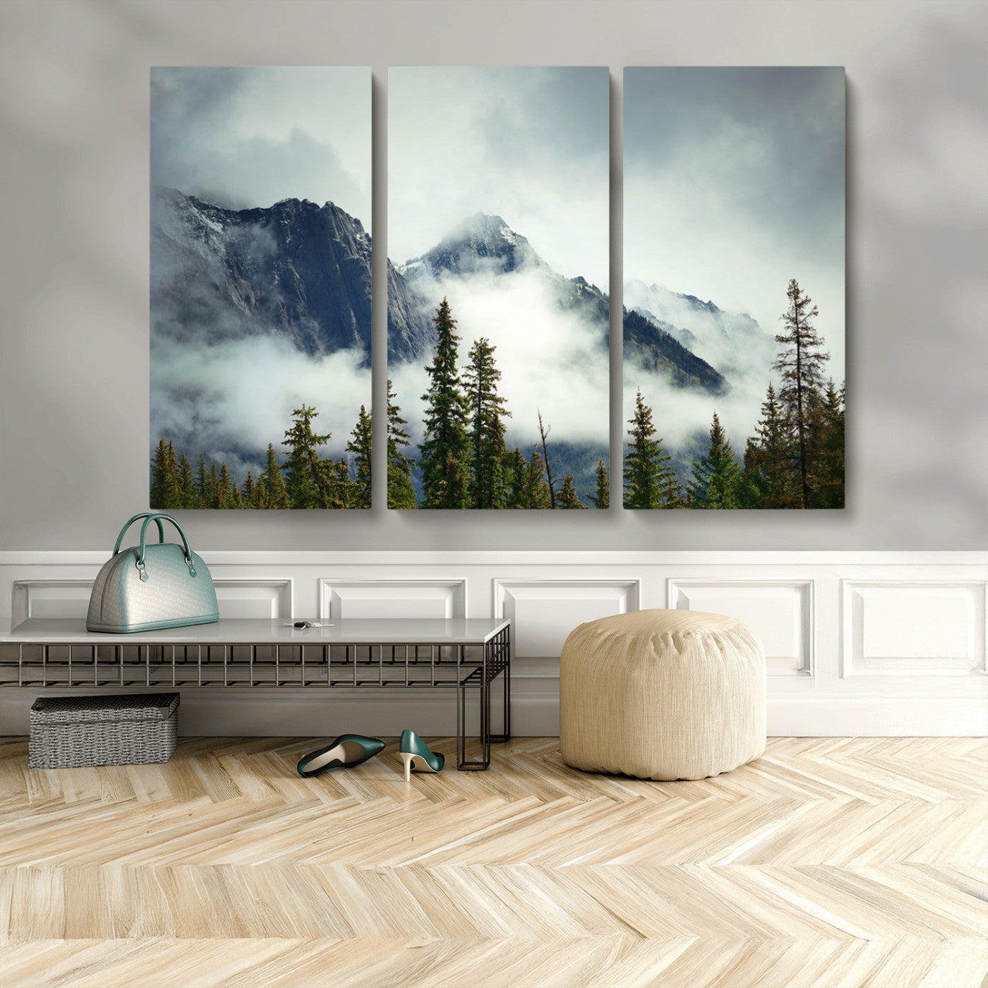 93219-MGV-CV-48X32-3P-Misty Mountain Wall Art – Foggy Pines and Rocky Peaks Canvas Print, Nature Landscape Decor for Living Room, Office or Bedroom