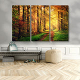 73494-MGV-CV-48X32-3P-Golden Autumn Forest Path Wall Art – Sunlit Woodland Canvas Print, Fall Nature Landscape Home Decor
