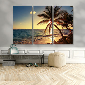 82710-MGV-CV-36X24-Palm Tree Sunset Beach Wall Art – Tropical Ocean Canvas Print, Coastal Paradise Seascape Decor for Living Room or Office Wall